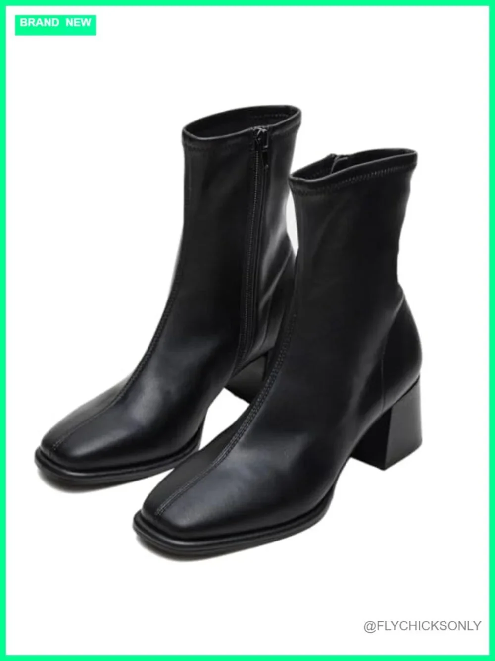 Square Toe Ankle Booties Chunky Block Heel Side Zip Faux Leather